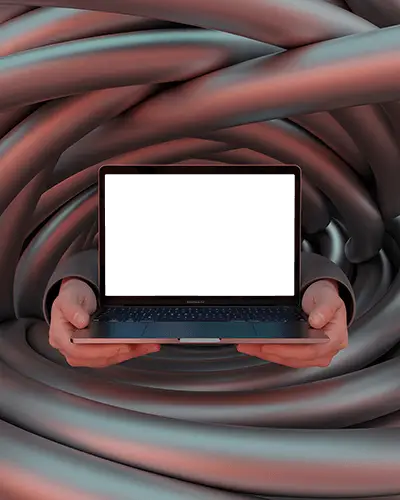 Macbook Air M1 Mockup Held In Hands Surrounded By Twisted Metallic Tube Structure
