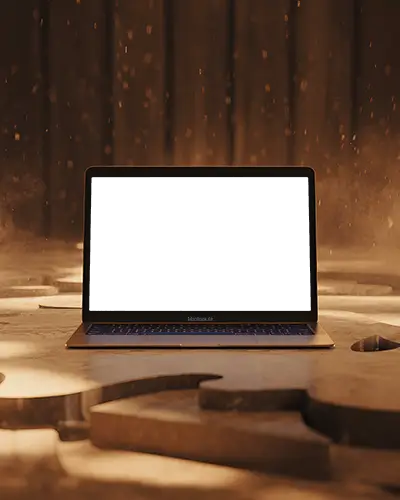 Macbook Air M1 Mockup On Rusted Ground With Floating Dust Particles And Warm Backlight