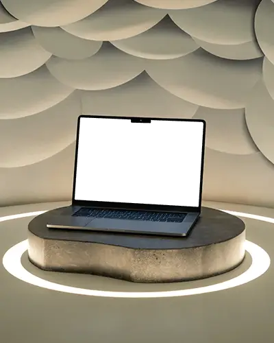 Macbook Pro M4 Mockup On Elegant Lighted Platform With Wavy Backdrop Panels Design