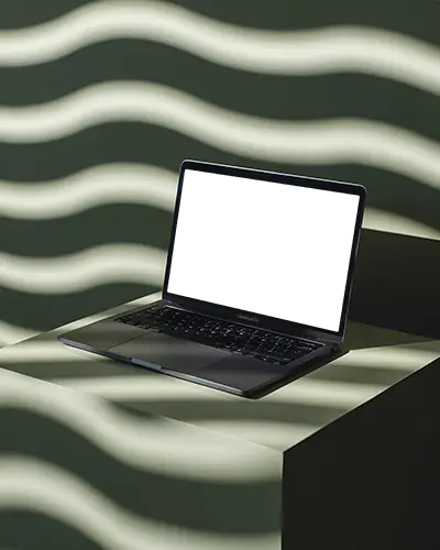 Macbook Air M1 Mockup On Shadowed Podium With Wavy Light Pattern And Modern Backdrop