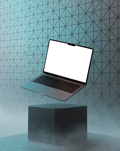 Macbook Air M3 Mockup Floating Above Dark Podium In Grid Wall Room With Soft Fog