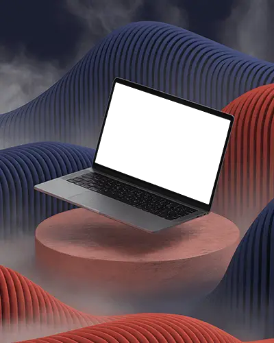 Macbook Pro M1 Mockup Floating Above Red Podium In Sculpted Wave Scene With Fog
