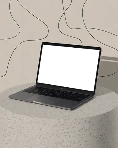 Macbook Air M1 Mockup On Round Terrazzo Stand With Abstract Line Art Wall Backdrop