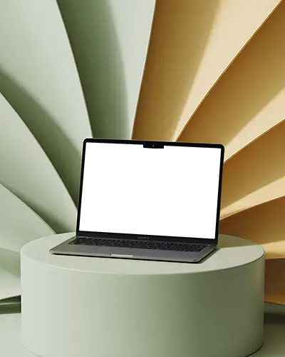 Macbook Air M2 Mockup On Soft Green Podium With Pastel Folded Paper Backdrop Display