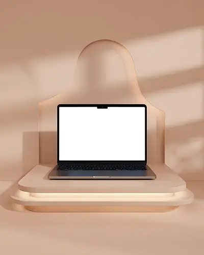 Macbook Pro M3 Mockup On Smooth Tiered Platform With Arched Backdrop And Warm Light