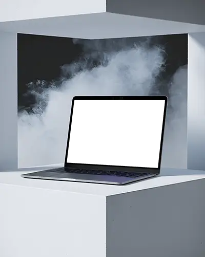 Macbook Pro M1 Mockup In Architectural Frame With Dark Foggy Background And Soft Light