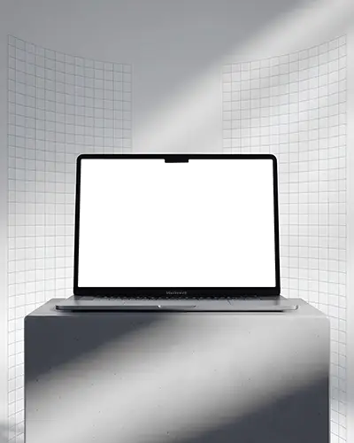 Minimal Studio Macbook Air M3 Mockup In Front Of Bent Grid Panels With Natural Light