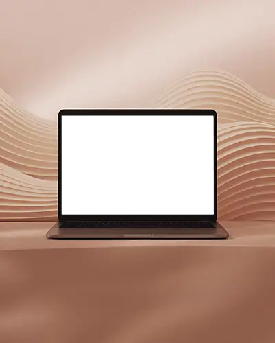 Macbook Pro M1 Mockup On Soft Surface With Sculpted Wave Wall And Peach Tone Light