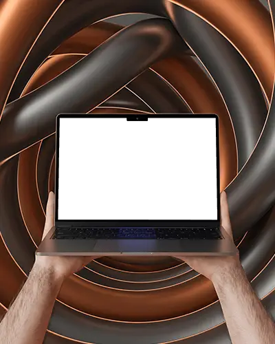 Macbook Air M4 Mockup Held Up Against Twisting Metallic Tube Backdrop In 3d Space
