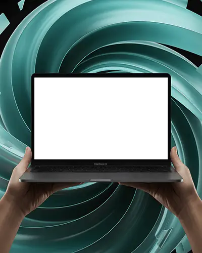Futuristic Design Macbook Air M1 Mockup Presented Against Twisting Teal Helix Curve