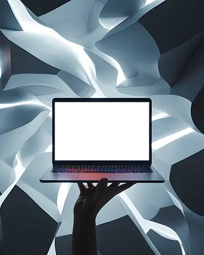 Macbook Pro M1 Mockup Held Up In Hand With Glowing Abstract Architectural Backdrop