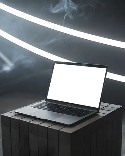 Dark Studio Scene Macbook Air M1 Mockup On Block With Glowing White Arcs And Mist