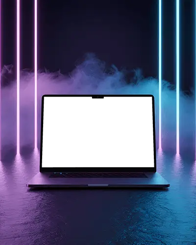 Macbook Pro M4 Mockup In Studio With Dual Tone Neon Lights And Vibrant Purple Fog
