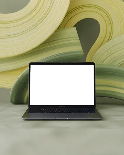 Macbook Air M1 Mockup On Soft Surface With Abstract Swirl Backdrop In Green Tones