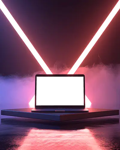 Cinematic Display Macbook Pro M1 Mockup In Smoke Filled Room With Crossed Light Beams