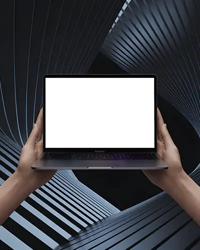 Macbook Air M1 Mockup Centered In Hands Against Swirled Metallic Structure Background