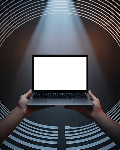 Macbook Pro M1 Mockup Held In Hands Under Spotlight With Circular Graphic Backdrop