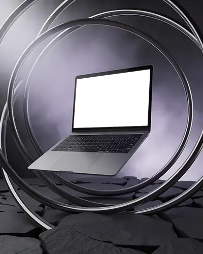 Futuristic Scene Macbook Pro M1 Mockup Levitating In Ring Structure Over Split Floor