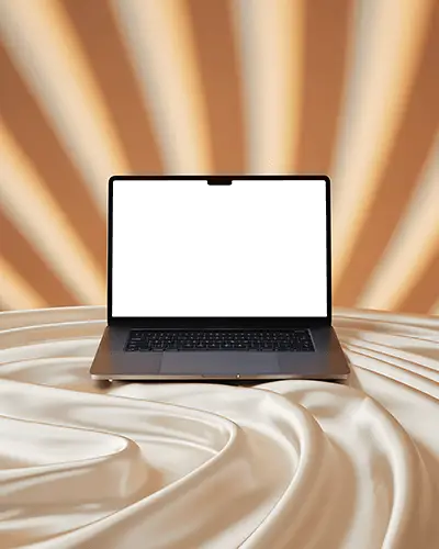Radiant Stage Scene Macbook Pro M3 Mockup Centered On Smooth Cream Drape Platform