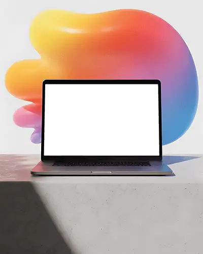 Macbook Pro M1 Mockup On Stone Table With Vivid Gradient Liquid Backdrop And Daylight