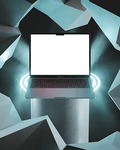 Macbook Air M3 Mockup On Metallic Pillar Surrounded By Glowing Crystal Fragments