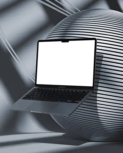 Macbook Air M2 Floating Mockup With Abstract Striped Sphere And Minimal Matte Lighting