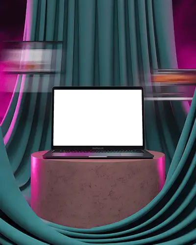 Macbook Air M1 Mockup On Round Pedestal With Flowing Teal Curtains And Neon Backlight