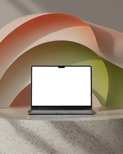Fluid Ribbon Style Background Macbook Pro M4 On Stone Surface Mockup Setup