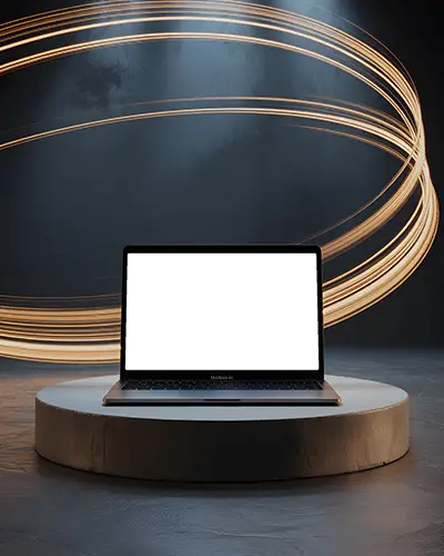 Glowing Motion Light Backdrop Macbook Air M1 Mockup On Round Stone Stage