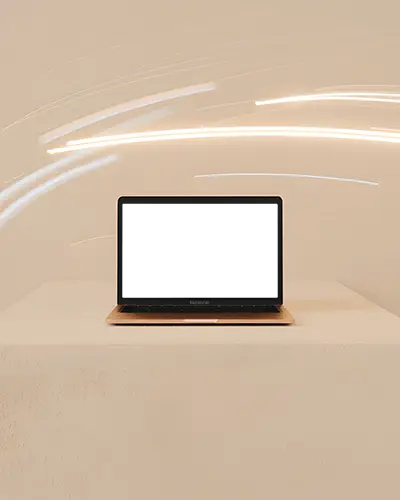 Sleek Macbook Air M1 Display On Soft Neutral Surface With Floating Glow Lines