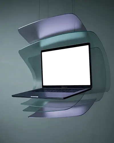 Translucent Floating Shells Enveloping Hanging Macbook Air M1 In Modern Studio Light