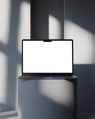 Minimal Studio Macbook Pro M2 Mockup On Pedestal With Crisp Sunlight And Concrete Shadows