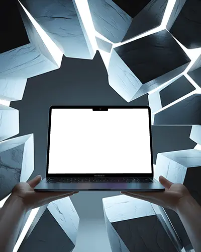 Futuristic Cube Scene Macbook Air M3 Mockup Held By Hands With Glowing Edges And Dark Void