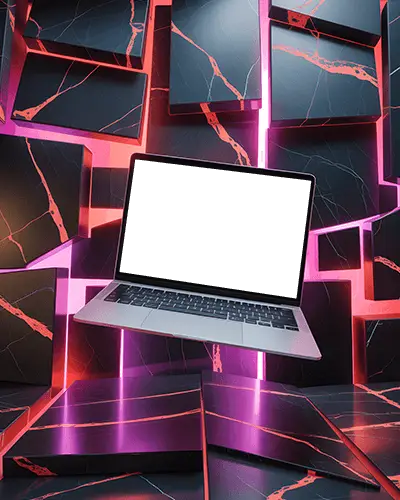 Levitating Macbook Pro M1 Mockup Inside Broken Marble Neon Pink Light Wall Abstract Scene