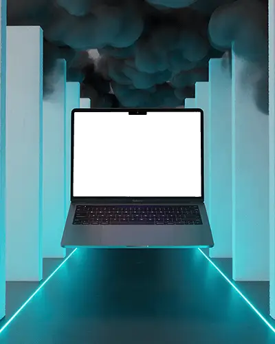 Floating Macbook Air M2 Mockup Between White Pillars Under Stormy Clouds And Cyan Neon Glow