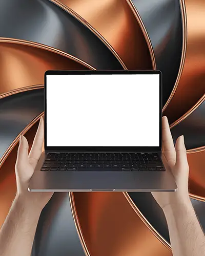 Macbook Pro M1 Mockup Held In Hands Against Metallic Swirl Background