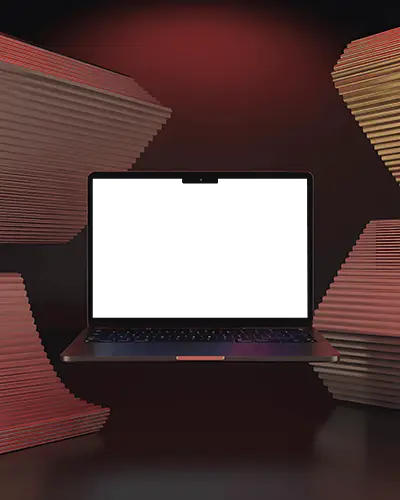 Macbook Pro M4 Mockup Floating In Red Studio With Abstract Folded Paper Layers