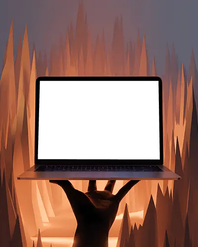 Hand Holding Macbook Pro M1 Mockup Against Dramatic Orange Abstract Peak Backdrop