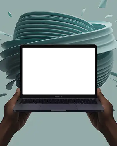 Surreal 3d Macbook Air M1 Mockup Hands Holding Laptop Against Teal Vortex Art