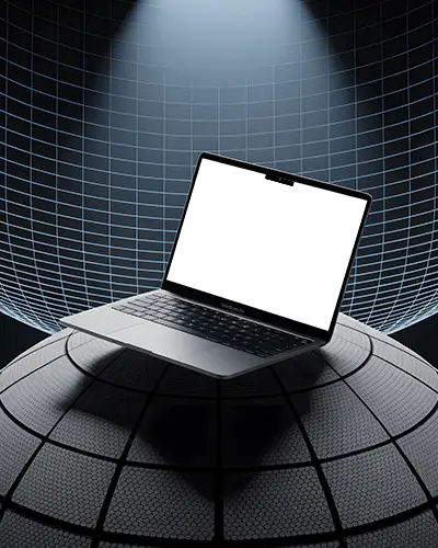 Digital Grid Dome Macbook Air M2 Mockup Elevated Under Futuristic Spotlight