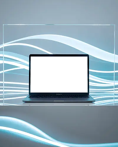 Illuminated Flowing Lines Macbook Air M1 Mockup In Sleek Abstract Display Box