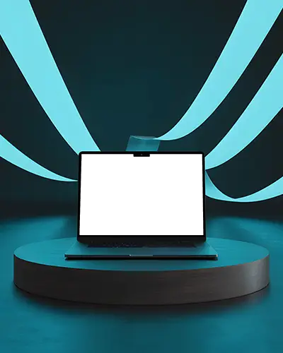 glowing-cyberwave-backdrop-macbook-m3-pro-mockup-on-dark-podium-under-blue-led-arcs