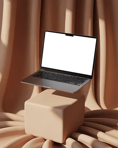 elegant-studio-drape-macbook-m2-pro-mockup-floating-above-cushioned-beige-fabric-block