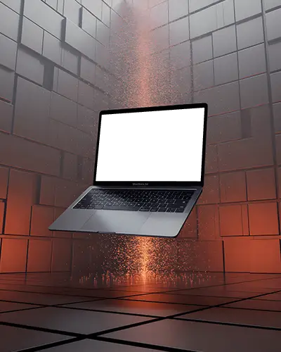 levitating-macbook-m1-air-mockup-in-futuristic-orange-grid-room-with-particle-beam-glow