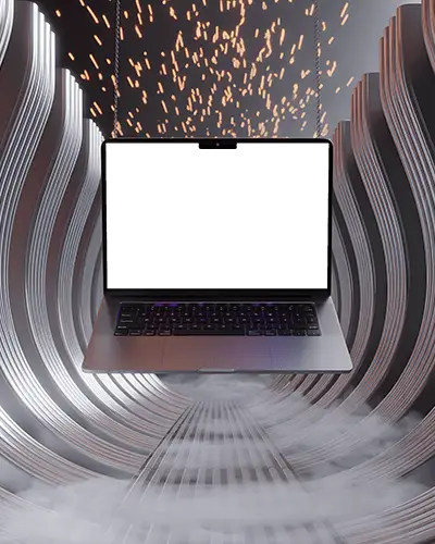 futuristic-macbook-m4-pro-mockup-floating-in-metallic-arched-room-with-fog-and-sparks