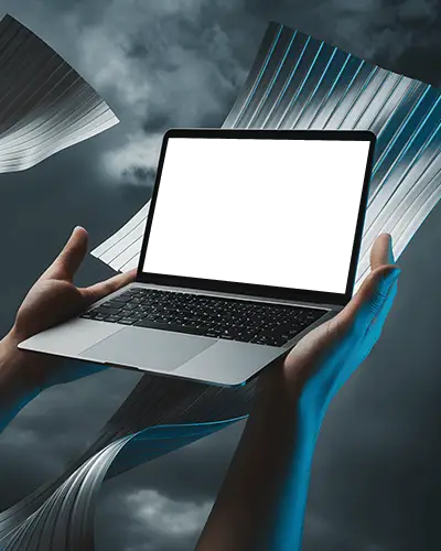 macbook-m1-pro-mockup-raised-in-hands-amid-metallic-ribbons-and-dramatic-cloudy-sky