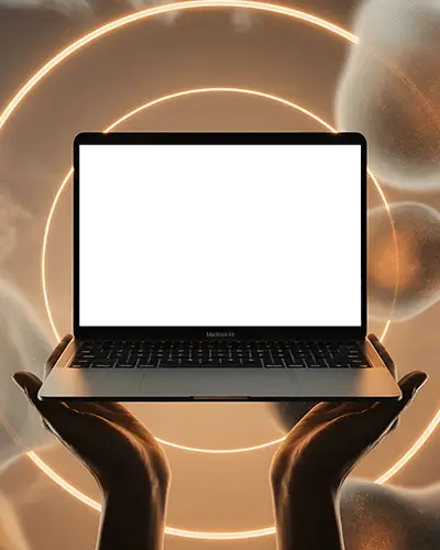 glowing-orbital-scene-hands-presenting-macbook-m1-air-mockup-with-cosmic-light-rings