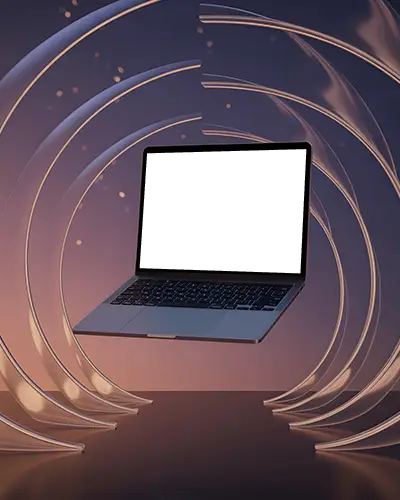Elegant Glass Loop Archway Macbook M1 Pro Mockup Hovering In Sculptural Light Scene