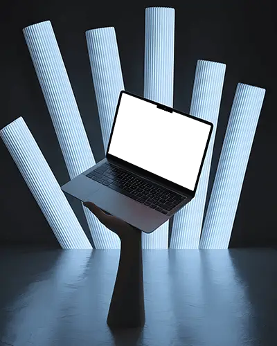 Macbook M3 Pro Mockup Elevated On Sculpted Hand With Glowing Pillars In Dark Studio