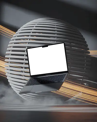 Macbook M2 Air Mockup Floating Before Striped Sphere With Orange Streaks And Fog Floor